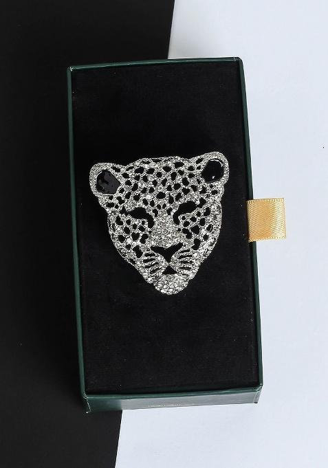 Men Artificial Stone Studded Leopard Brooch