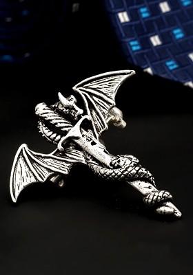 Men Devil Mark Dragon Sword Wing Antique Silver Plated Oxidised Brooch