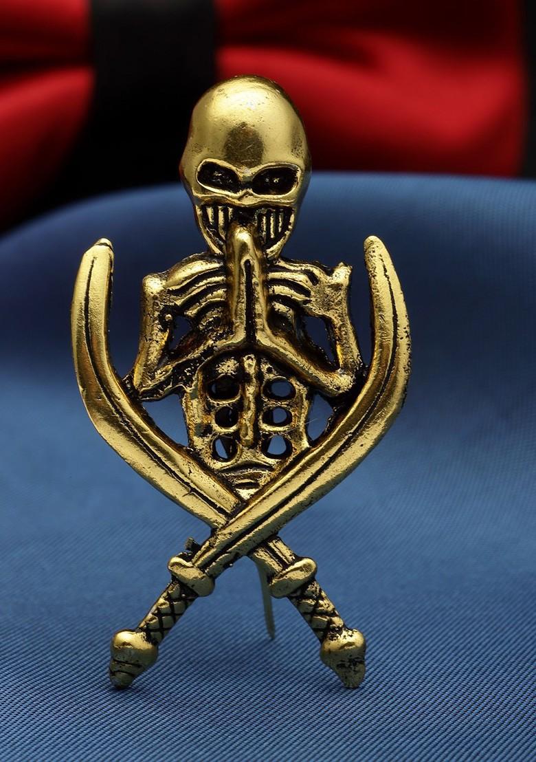 Men Skull Sword Wing Antique Gold Plated Oxidised Brooch