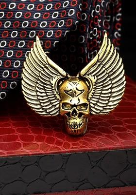 Men Winged Skull Antique Gold Plated Oxidised Brooch