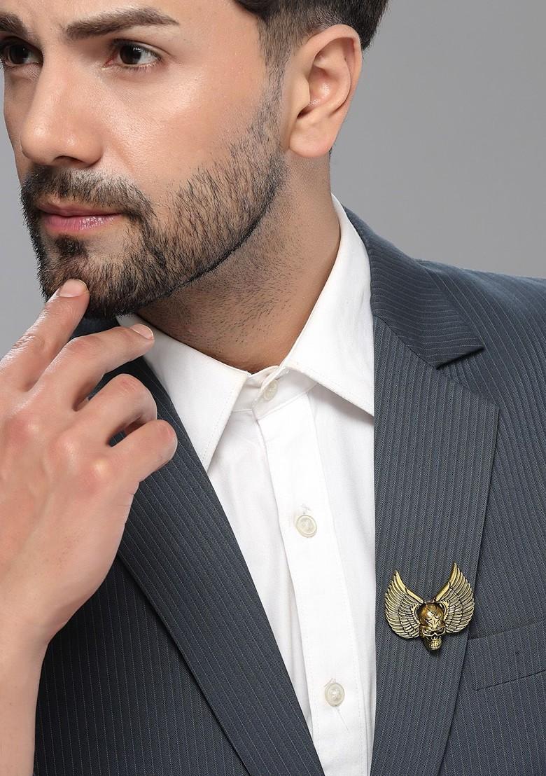 Men Winged Skull Antique Gold Plated Oxidised Brooch