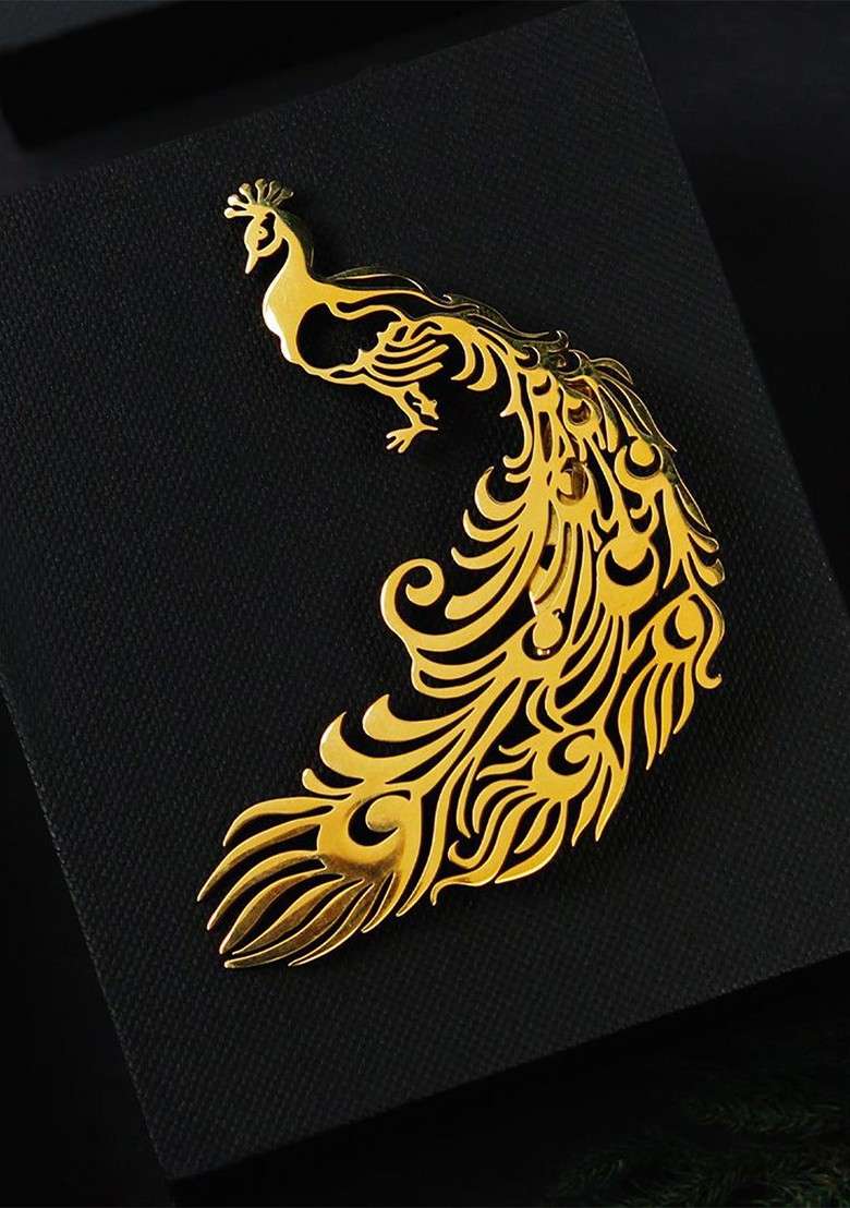Men Peacock Elegance Golden Minimal Lapel Pin Brooch - Indya