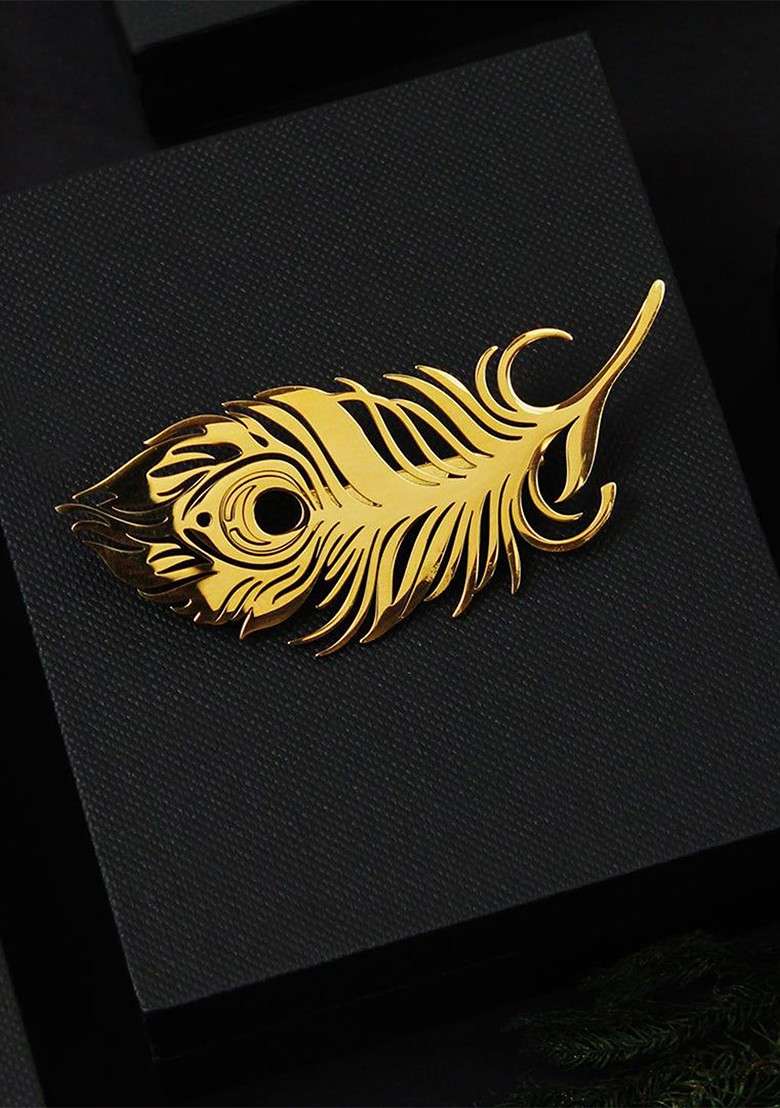 Men Peacock Plume Golden Minimal Lapel Pin Brooch - Indya