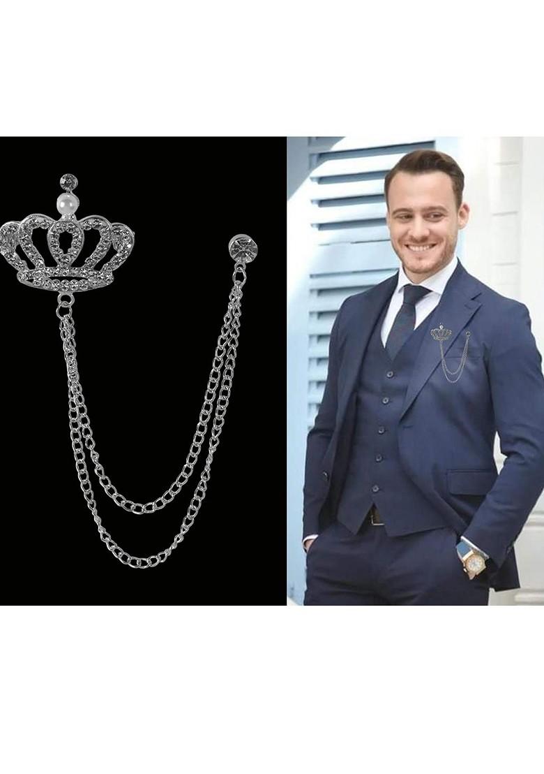 Silver Plated Rhinestone Studded Crown Shape Brooch