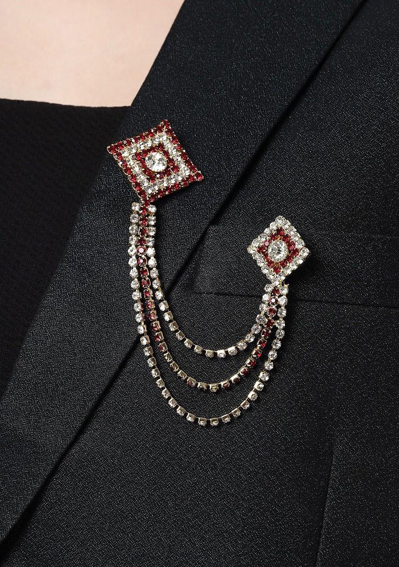 Men Stone Studded Statement American Diamond Brooch Chain Lapel Pin