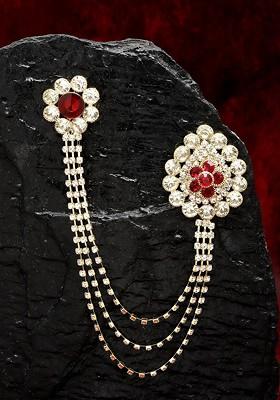 Unisex Gold Toned Maroon White Embellished American Diamond Layered Brooch Lapel Pin