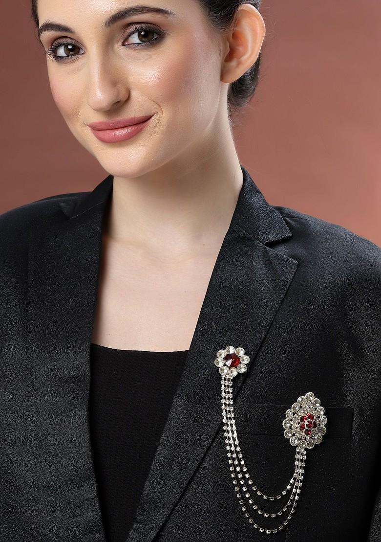 Unisex Gold Toned Maroon White Embellished American Diamond Layered Brooch Lapel Pin