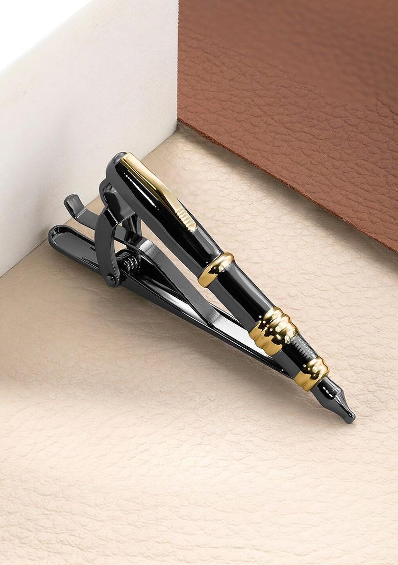 Men Gold Plated Black Pen Shape Classic Tie Pin Brooch