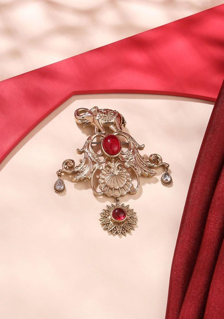 Men Stone Studded Beaded Elephant Charm Stone Studded Brooch