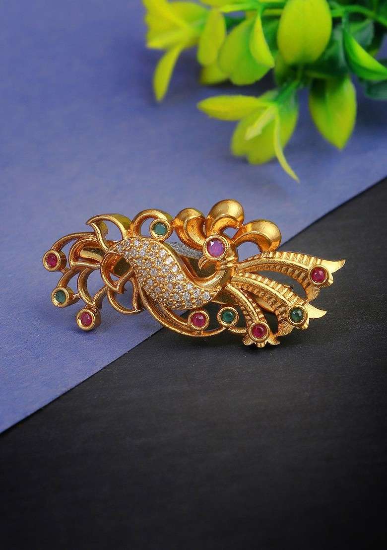 Gold Plated Stone Studded Peacock Design Brooch - Indya