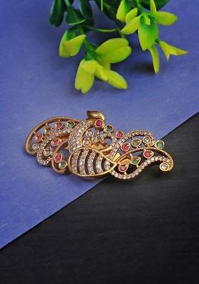 Gold Plated Stone Studded Peacock Design Brooch