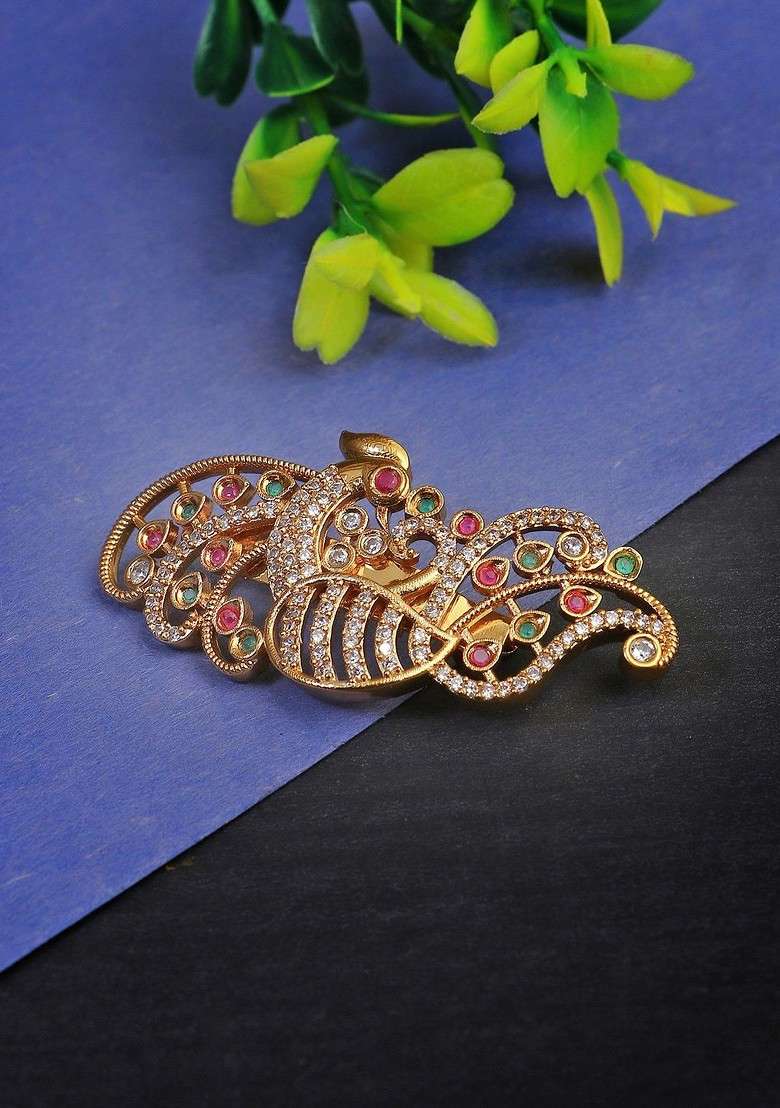Gold Plated Stone Studded Peacock Design Brooch - Indya