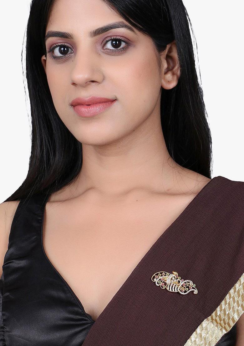 Gold Plated Stone Studded Peacock Design Brooch