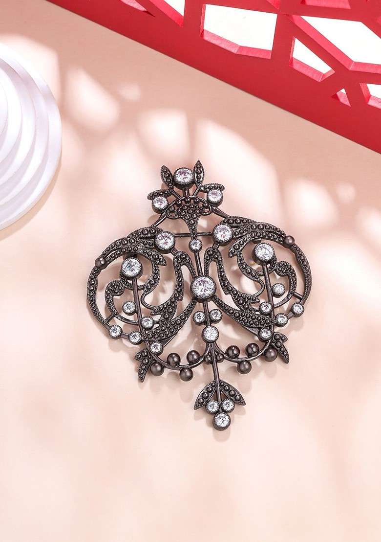 Men Statement Artificial Stones And Beads Studded Ornate Aura Brooch - Indya