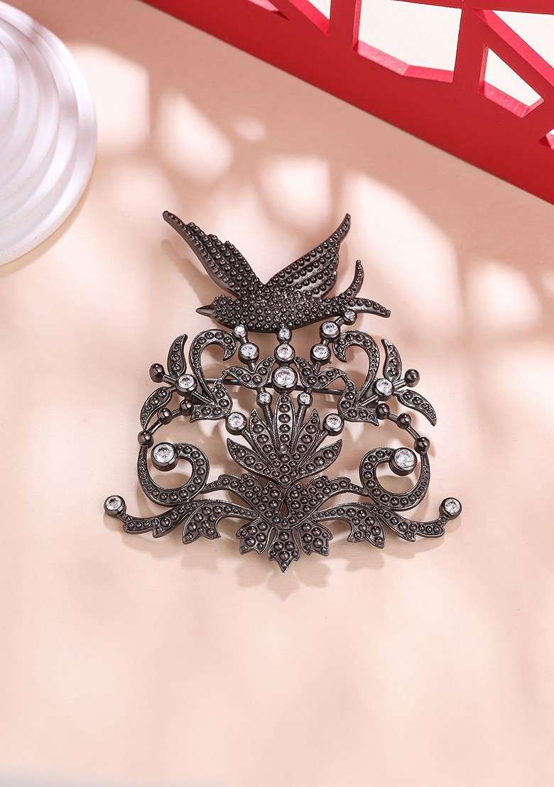 Men Statement Artificial Stones And Beads Studded Flora Flight Brooch - Indya