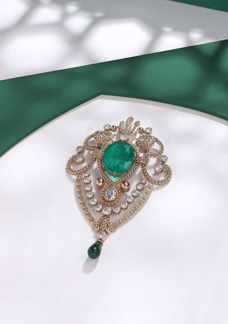 Men Statement Artificial Stones And Beads Studded Emerald Love Brooch - Indya