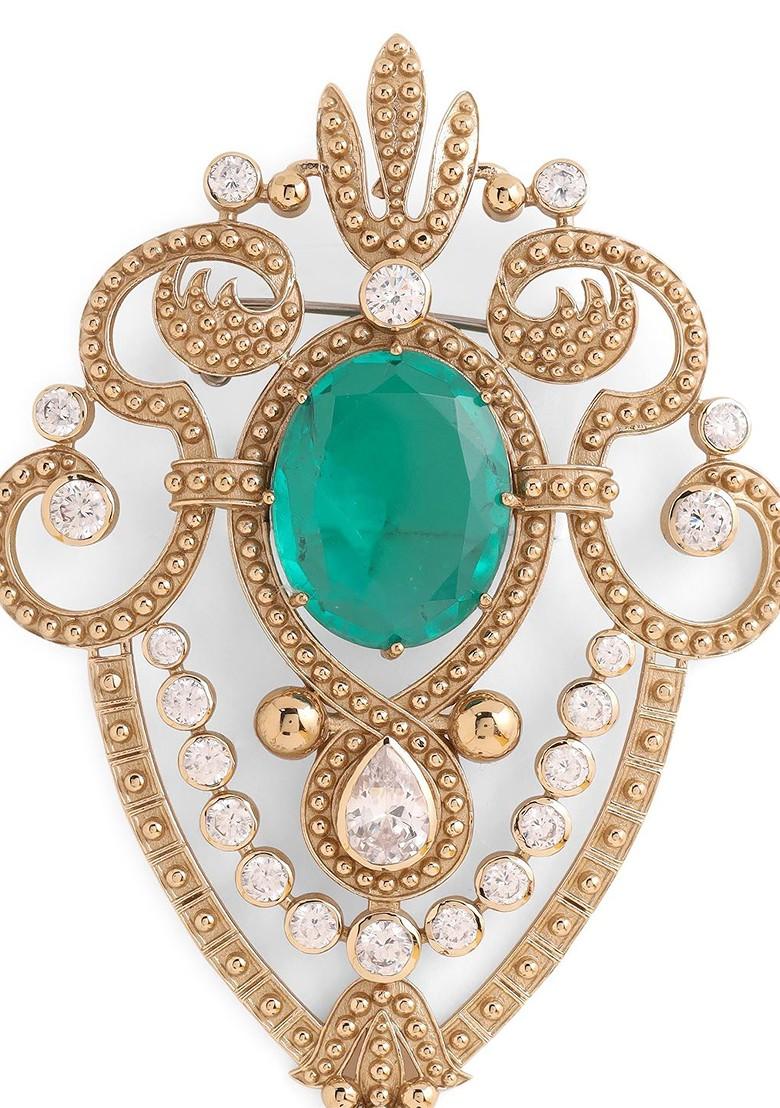 Men Statement Artificial Stones And Beads Studded Emerald Love Brooch