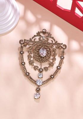 Men Brass Stones Studded Shield Brooch