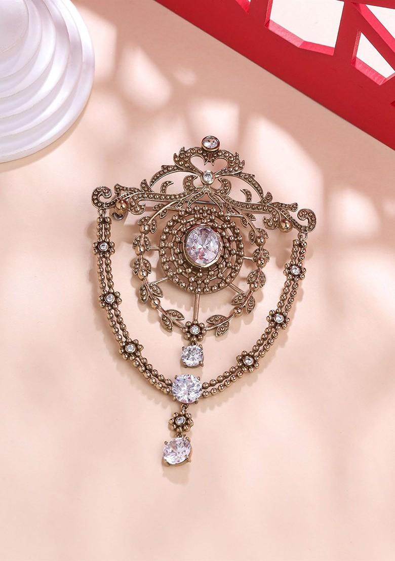 Men Brass Stones Studded Shield Brooch