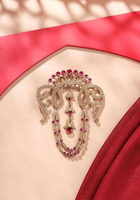 Brass Artificial Stones And Beads Studded Victorian Tales Brooch