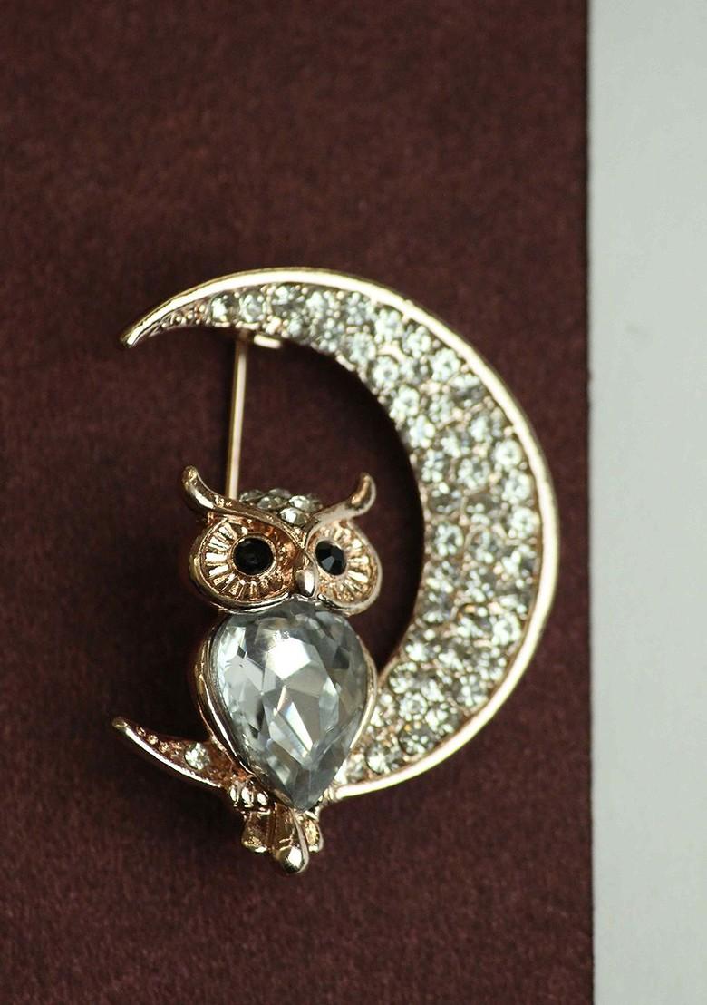 Men Owl Charm Stone Studded Brooch