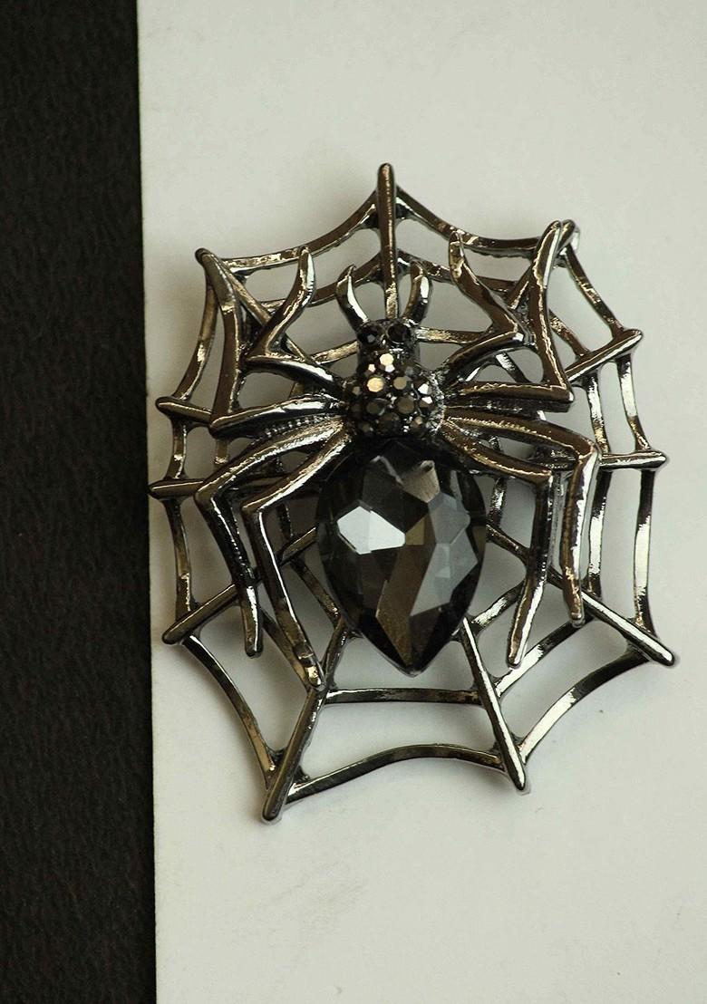 Men Stone Studded Spiderweb Charm Brooch