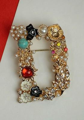Men Alphabet D Charm Stone Studded Pearl Beaded Brooch