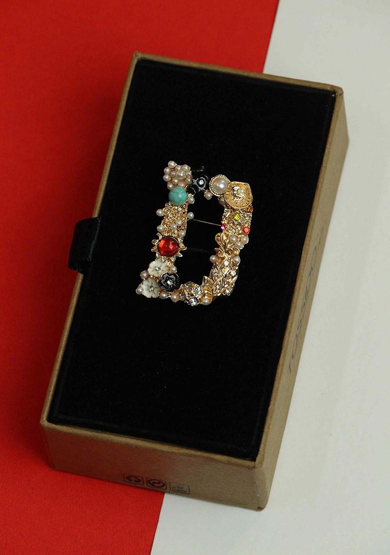 Men Alphabet D Charm Stone Studded Pearl Beaded Brooch