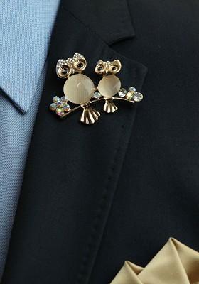 Men Owl Charm Stone Studded Brooch