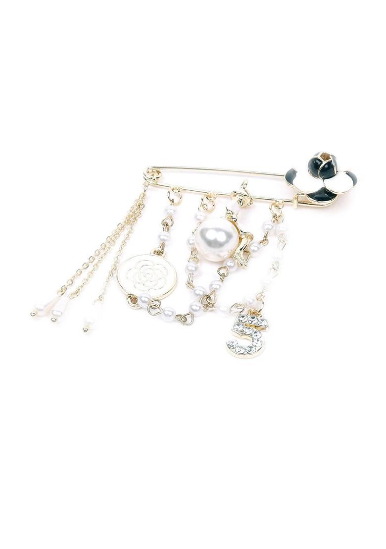 Gold Toned Stone Studded Beaded Brooch