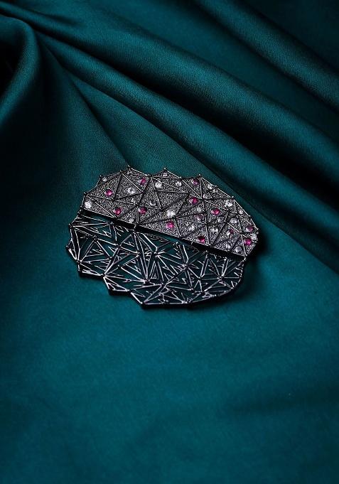 Men Enchanted Circle Stone Studded Textured Brass Brooch