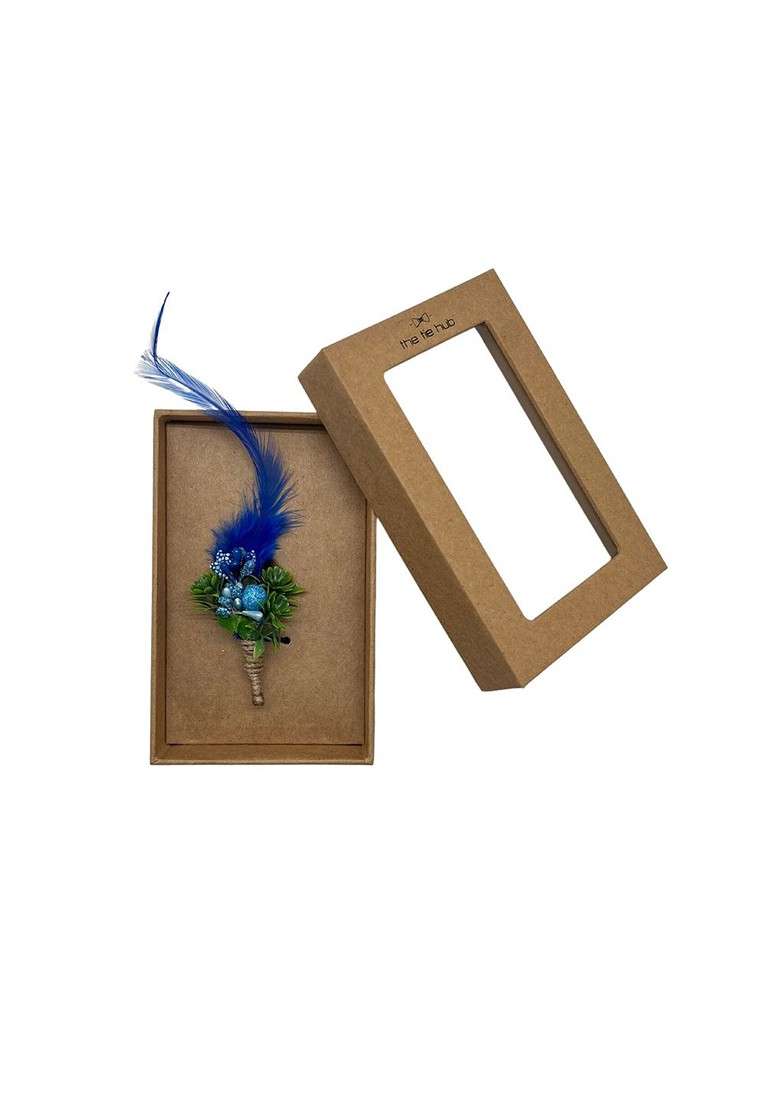 Men Blue Green Baby Breath Flower With Feather Boutonniere Brooch - Indya