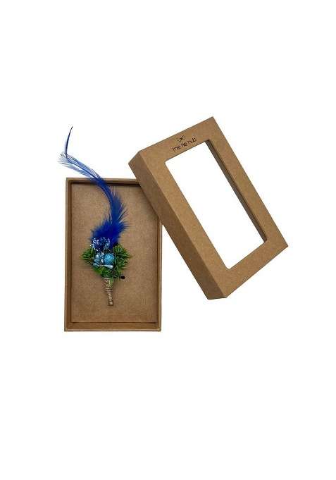 Men Blue Green Baby Breath Flower With Feather Boutonniere Brooch