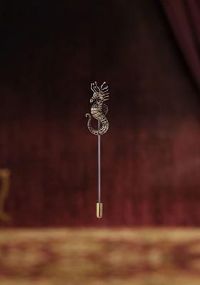 Men Antique Gold Toned Crowned Sea Horse Lapel Pin Brooch