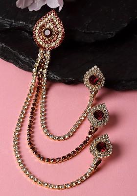 Men Gold Toned Maroon Stone Studded Layered Chain Brooch Pin