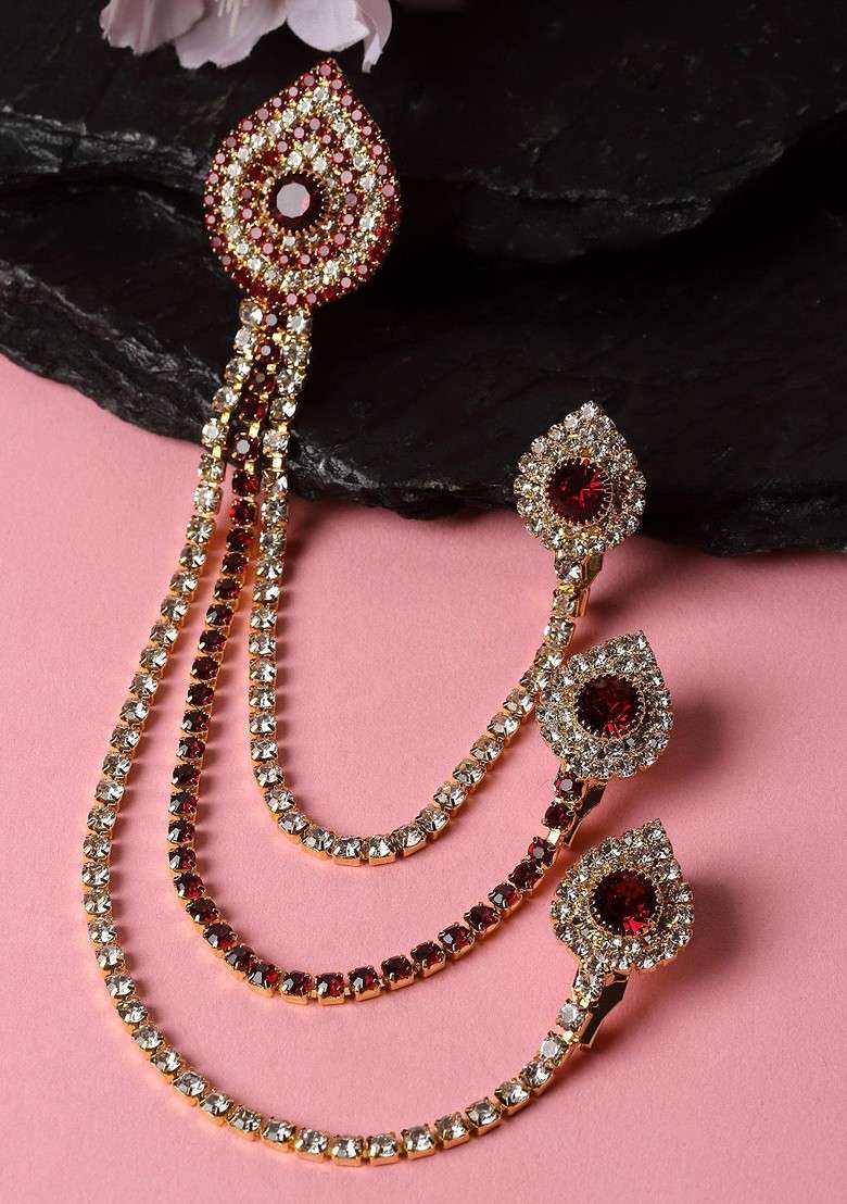 Men Gold Toned Maroon Stone Studded Layered Chain Brooch Pin - Indya