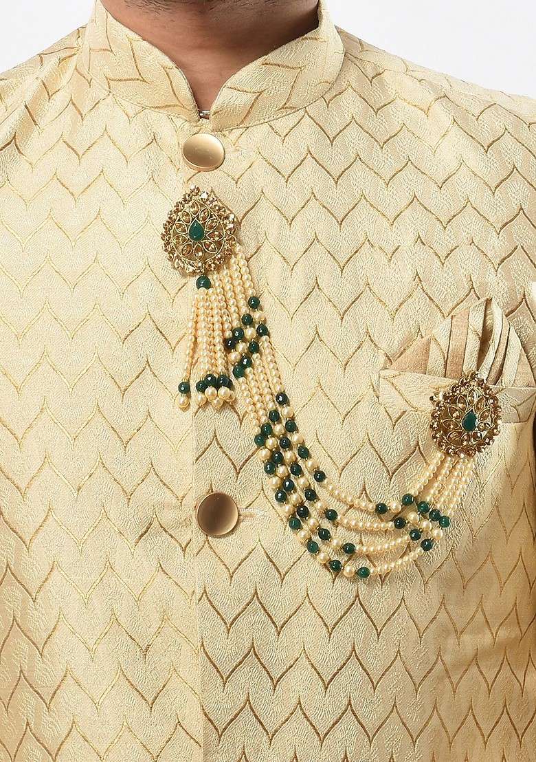 Unisex Off White Green Beaded And Stone Studded Brooch - Indya