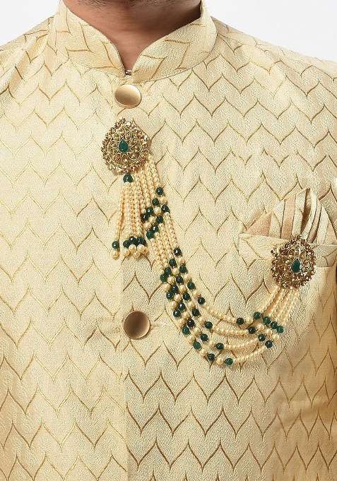 Unisex Off White Green Beaded And Stone Studded Brooch