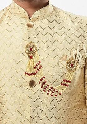 Unisex Off White Embellished Brass Brooch