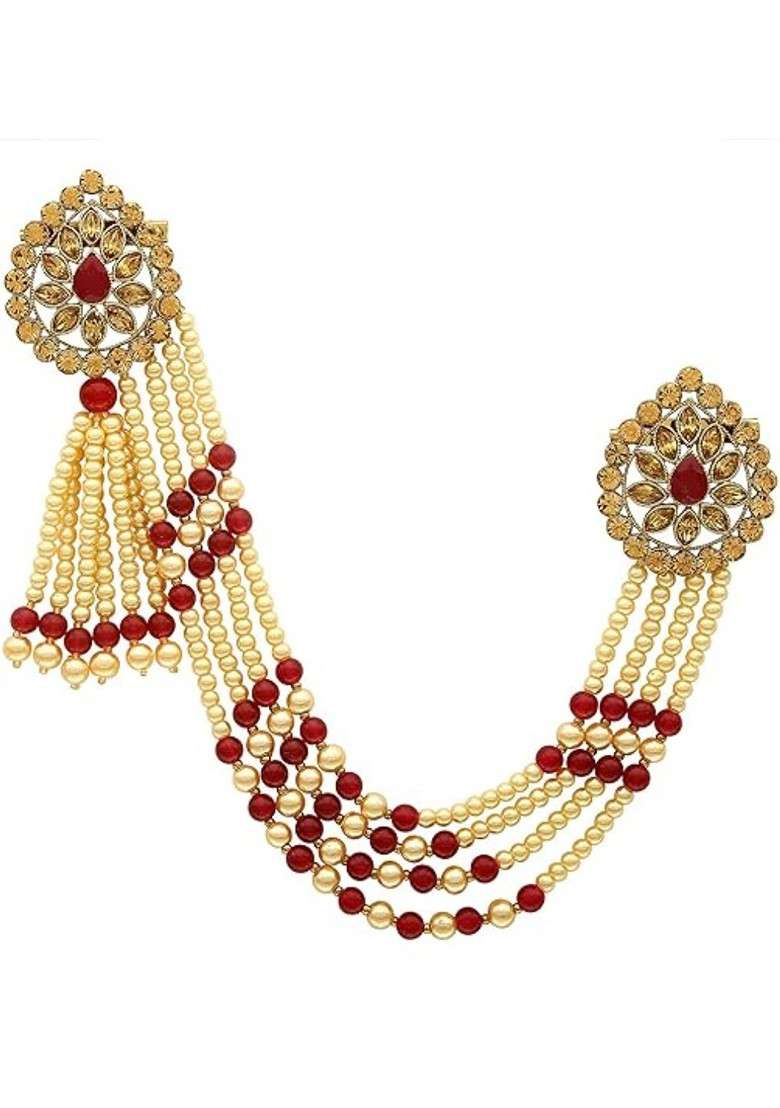 Unisex Off White Embellished Brass Brooch - Indya