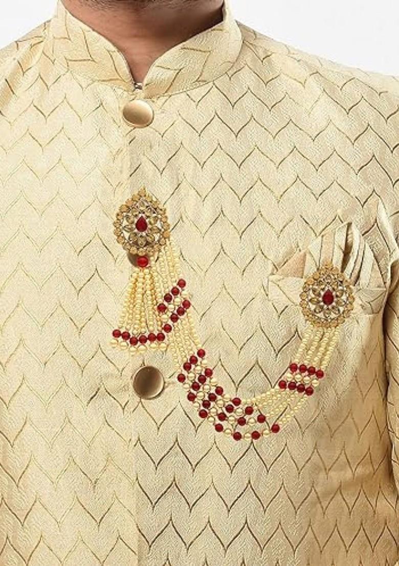 Unisex Off White Embellished Brass Brooch