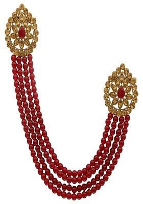 Gold Toned Maroon Artificial Stones Studded Beaded Wedding Long Brooch
