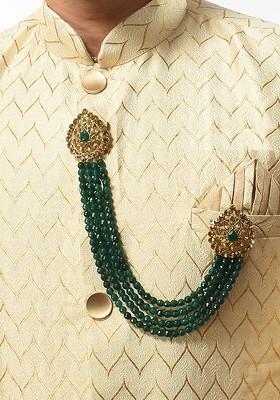 Gold Toned Green Artificial Stones Studded Beaded Wedding Long Brooch
