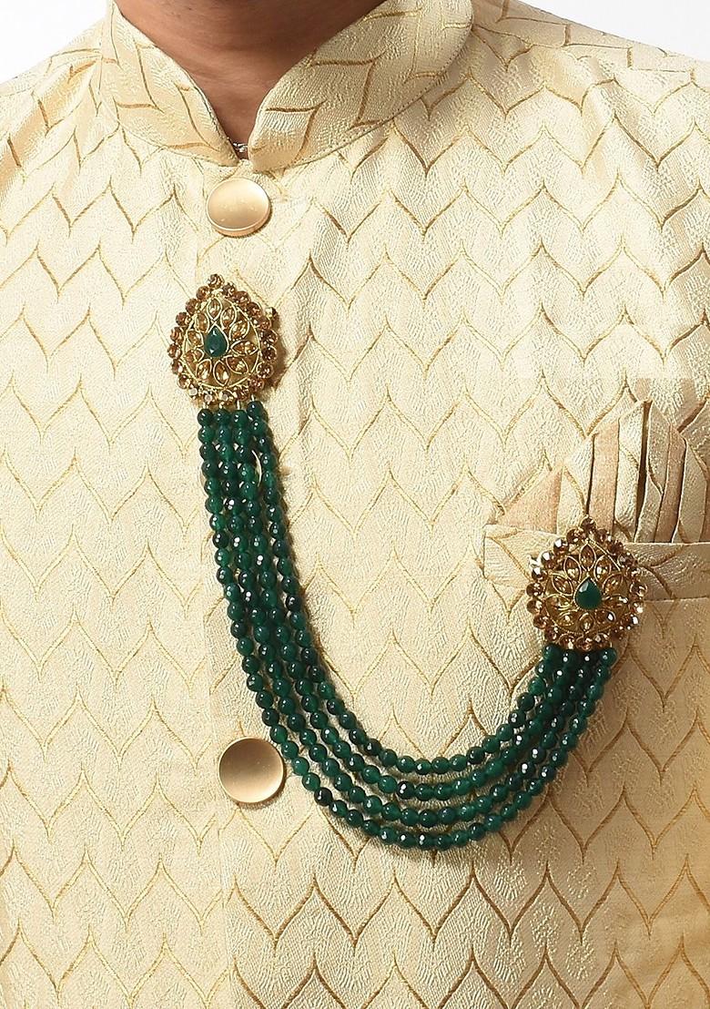 Gold Toned Green Artificial Stones Studded Beaded Wedding Long Brooch