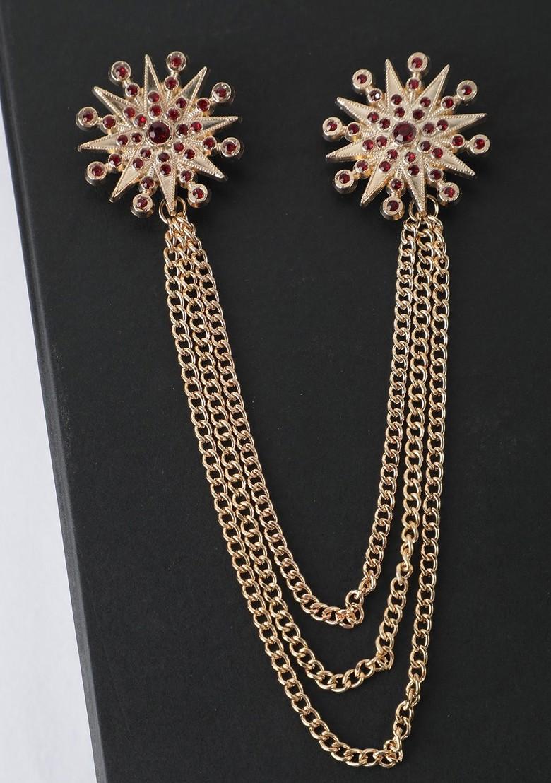 Men Gold Toned Red Embellished Stylish Brooch