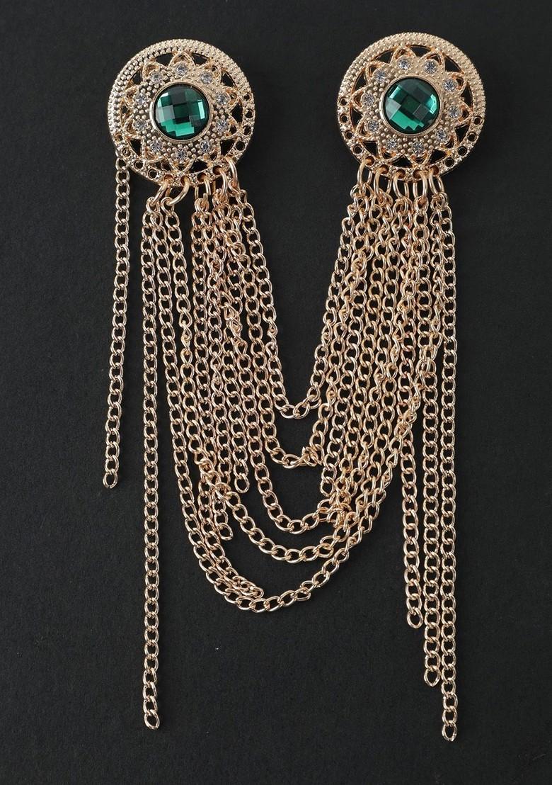Men Gold Toned Green Embellished Brooch