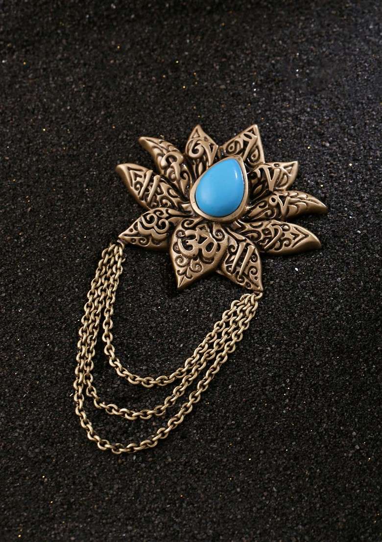 Men Metallic Toned Blue Lotus Shaped Brooch - Indya