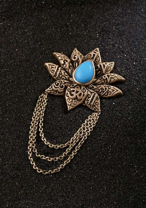 Men Metallic Toned Blue Lotus Shaped Brooch