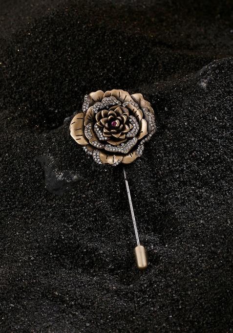 Men Metallic Colored White Stone Studded Regal Rose Lapel Pin