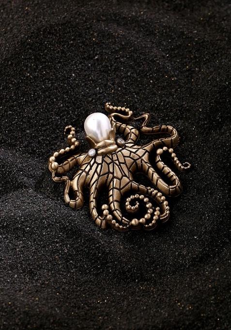 Metallic Octopus Shaped Pearl Studded Brooch